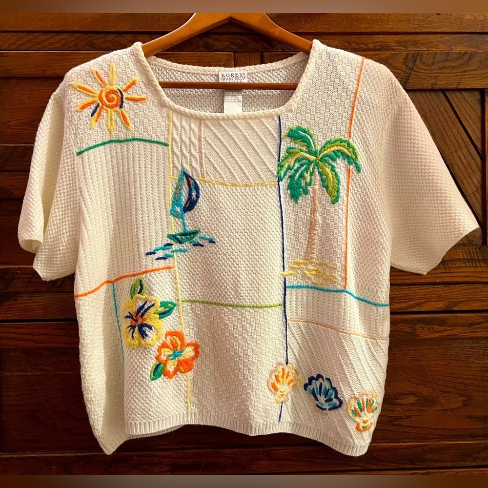 Vintage Koret Francisca L Tropical Embroidered Knit Top Ramie Cotton  Beach